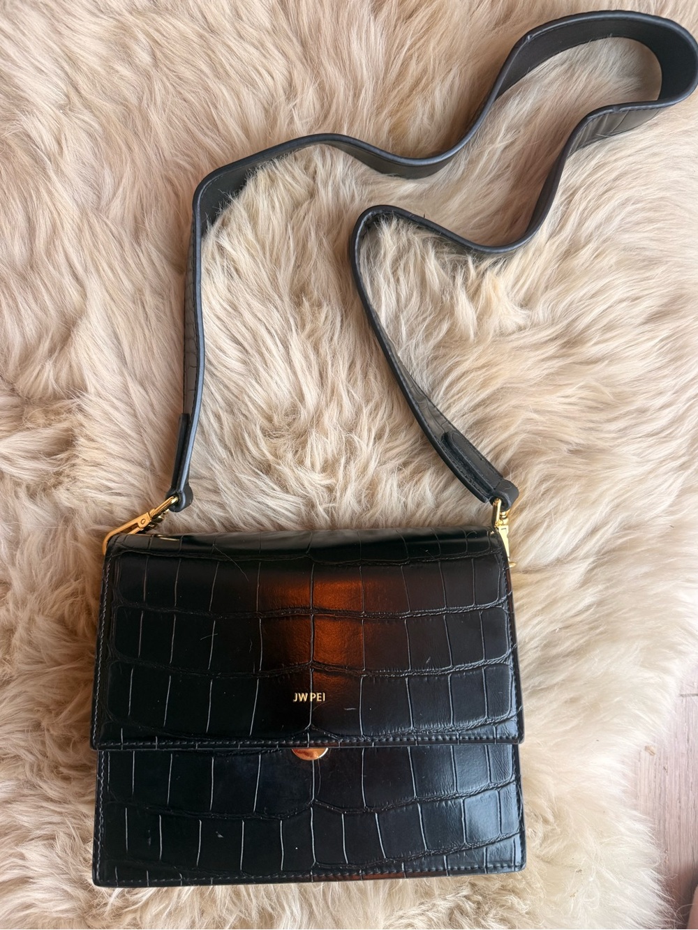 JW PEI Fiona Black Croc Embossed Vegan Leather Crossbody Bag Gold Hardware